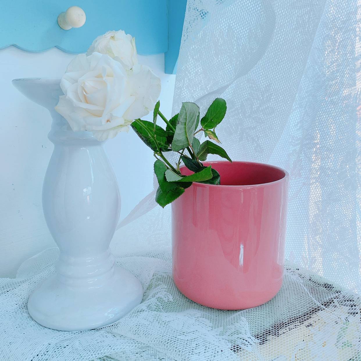 ( over 42 yuan) White candlestick pink vase storage can ceramic home ornament flower decoration