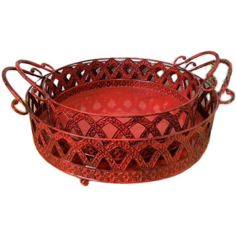 American French retro old export orphan iron, iron art red double -ear bracket storage basket desktop decoration