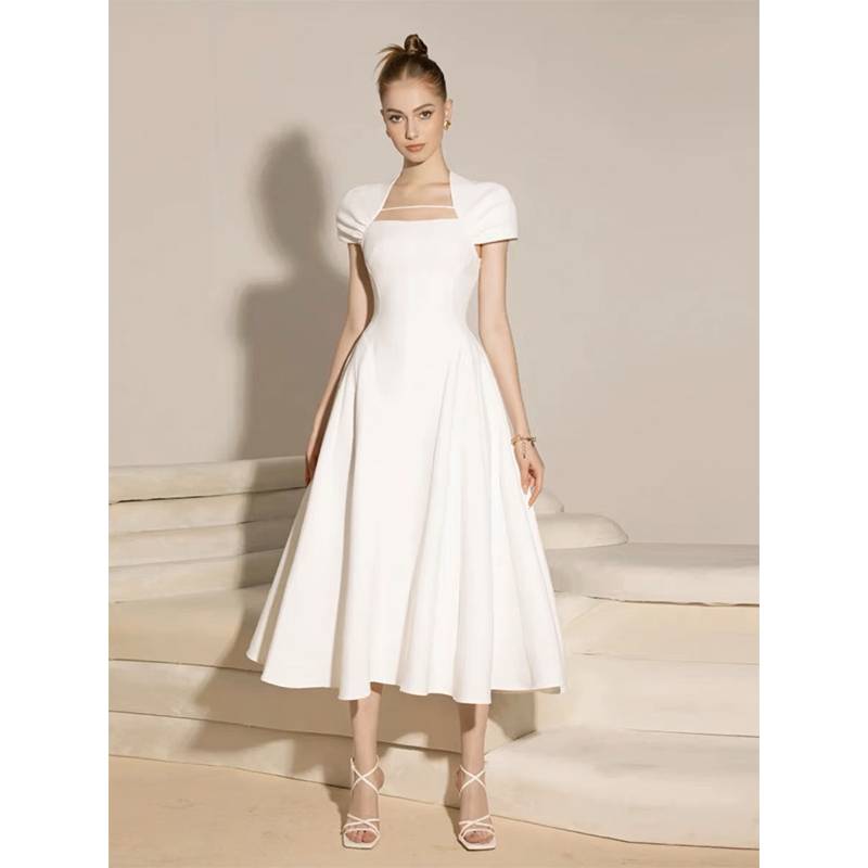 Vietnamese niche A -line shoulder white dress