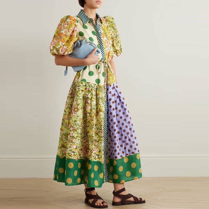 Australian bubble sleeve color printing printed loose shirt long skirt