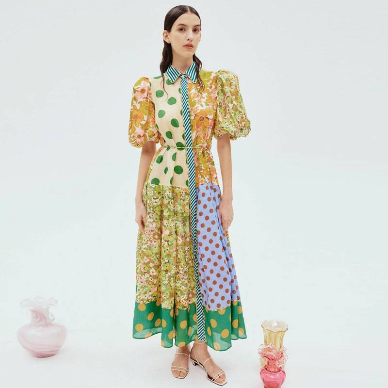 Australian bubble sleeve color printing printed loose shirt long skirt
