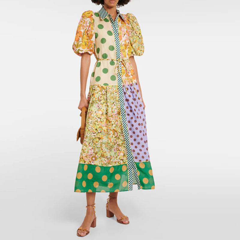 Australian bubble sleeve color printing printed loose shirt long skirt
