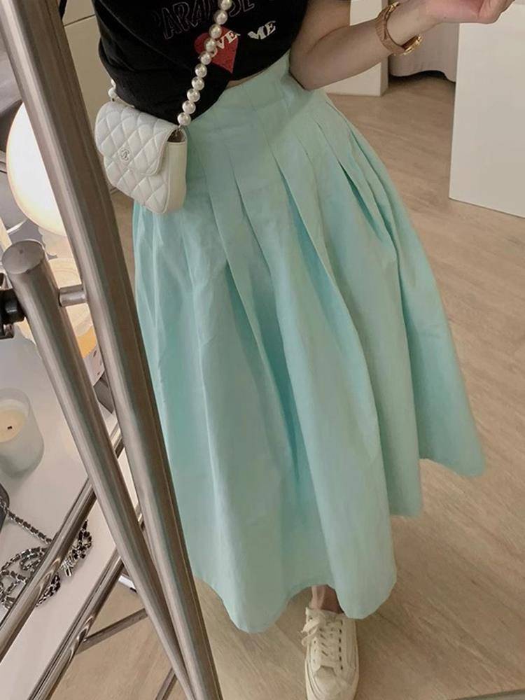 Lake green and thin high waist high waist thin pleated skirt