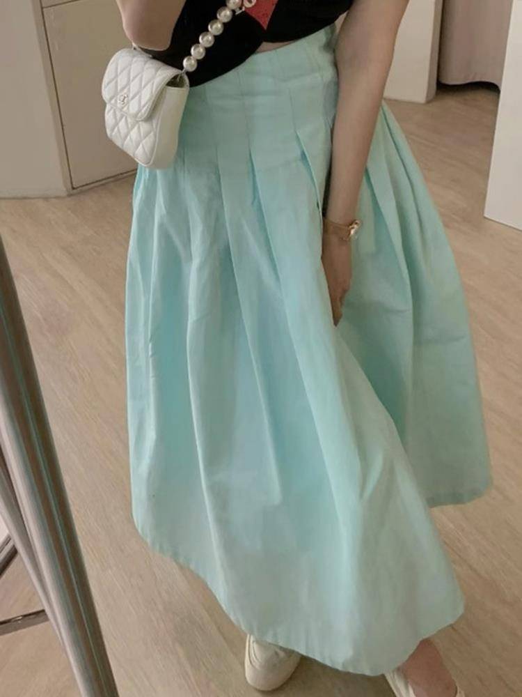 Lake green and thin high waist high waist thin pleated skirt