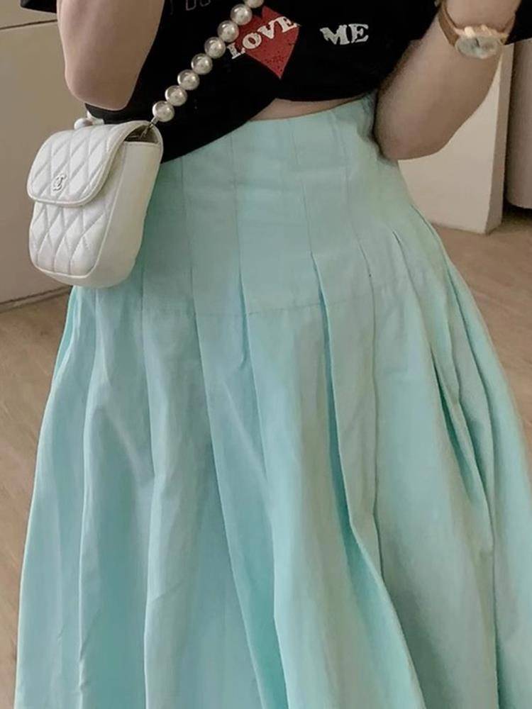 Lake green and thin high waist high waist thin pleated skirt