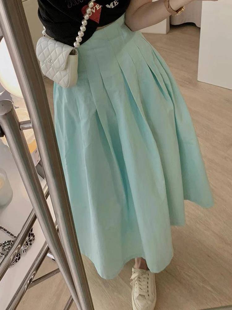 Lake green and thin high waist high waist thin pleated skirt
