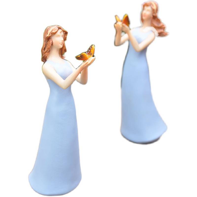 Rural pastoral blue clothes holding a butterfly girl Angel Garden Fun Scene decorative gift