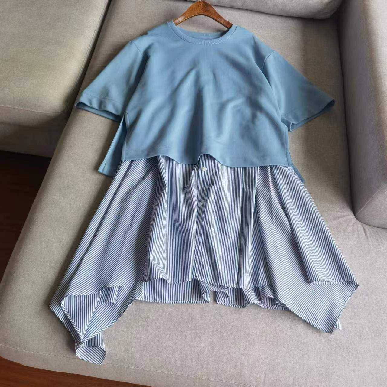 Pure cotton fake 2 blue and white strip leisure dress