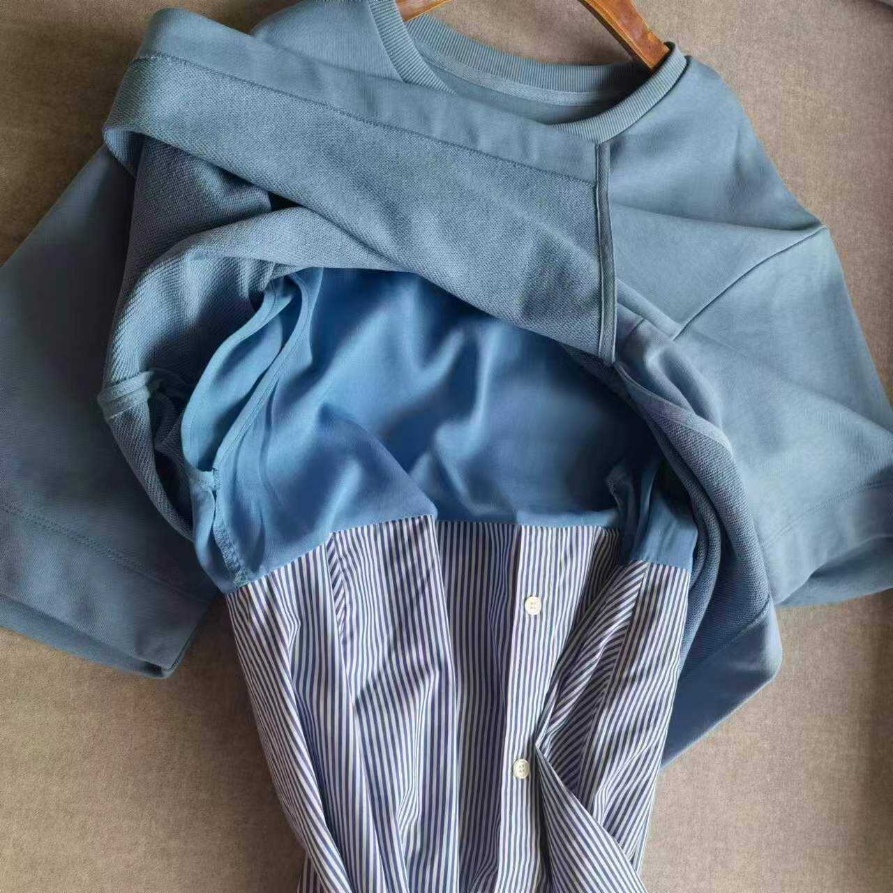 Pure cotton fake 2 blue and white strip leisure dress