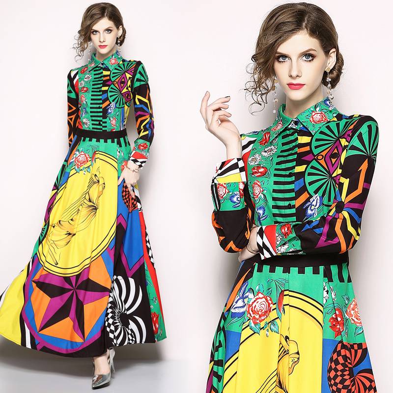 Real shot spot European station new women's lapel long -sleeved long -sleeved color temperament high -waist long skirt