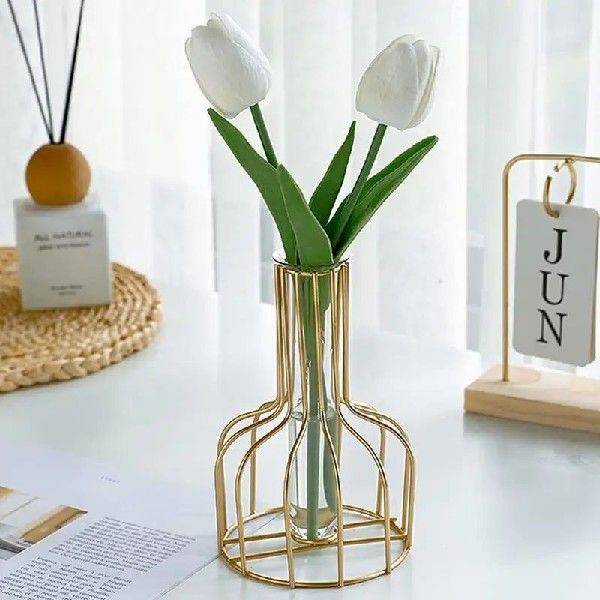 Glass Flower Vase Metal Flower Stand Desktop Flower Pot