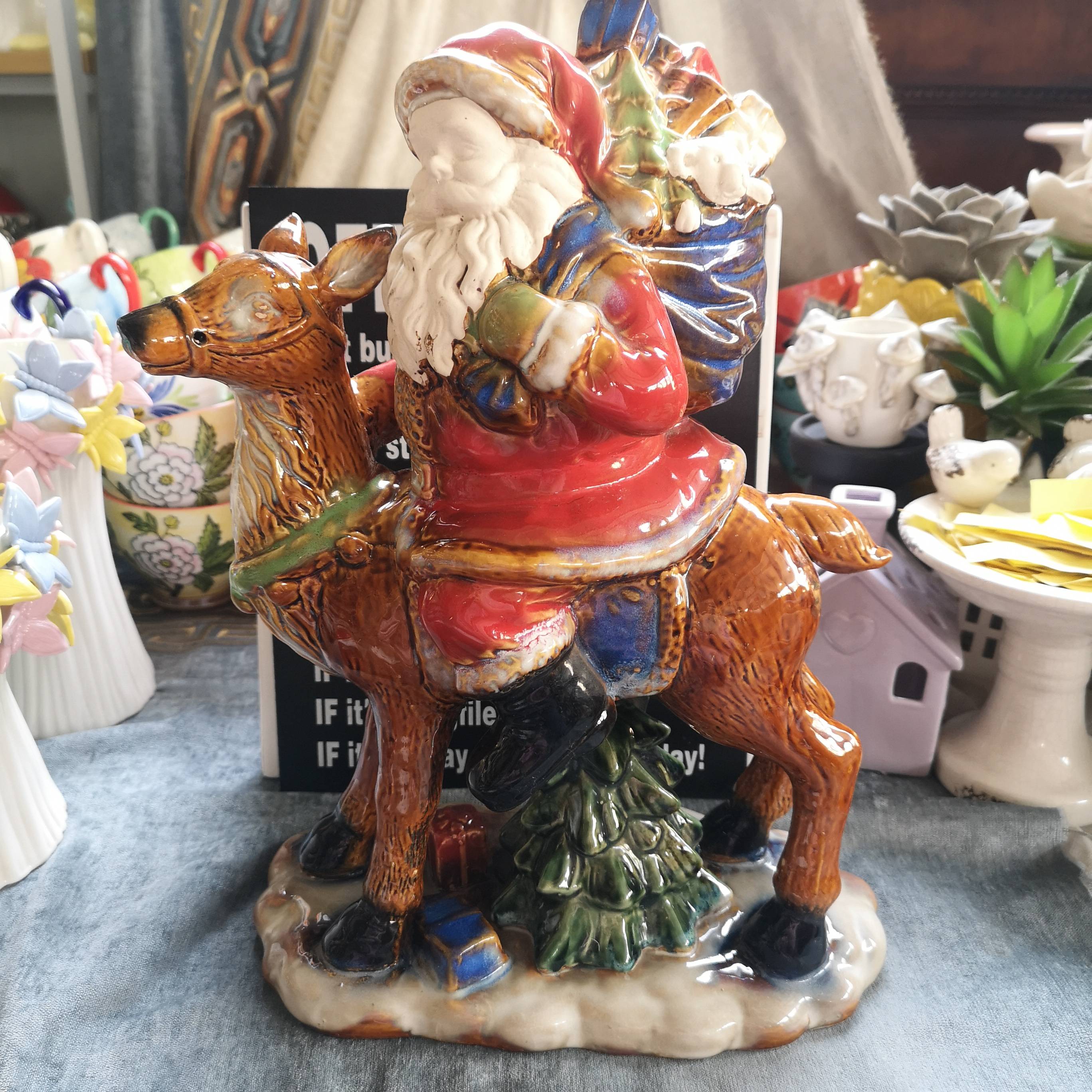 "Ink Porcelain" porcelain craft ceramic kiln becomes Santa Claus riding elk decoration Christmas decorations