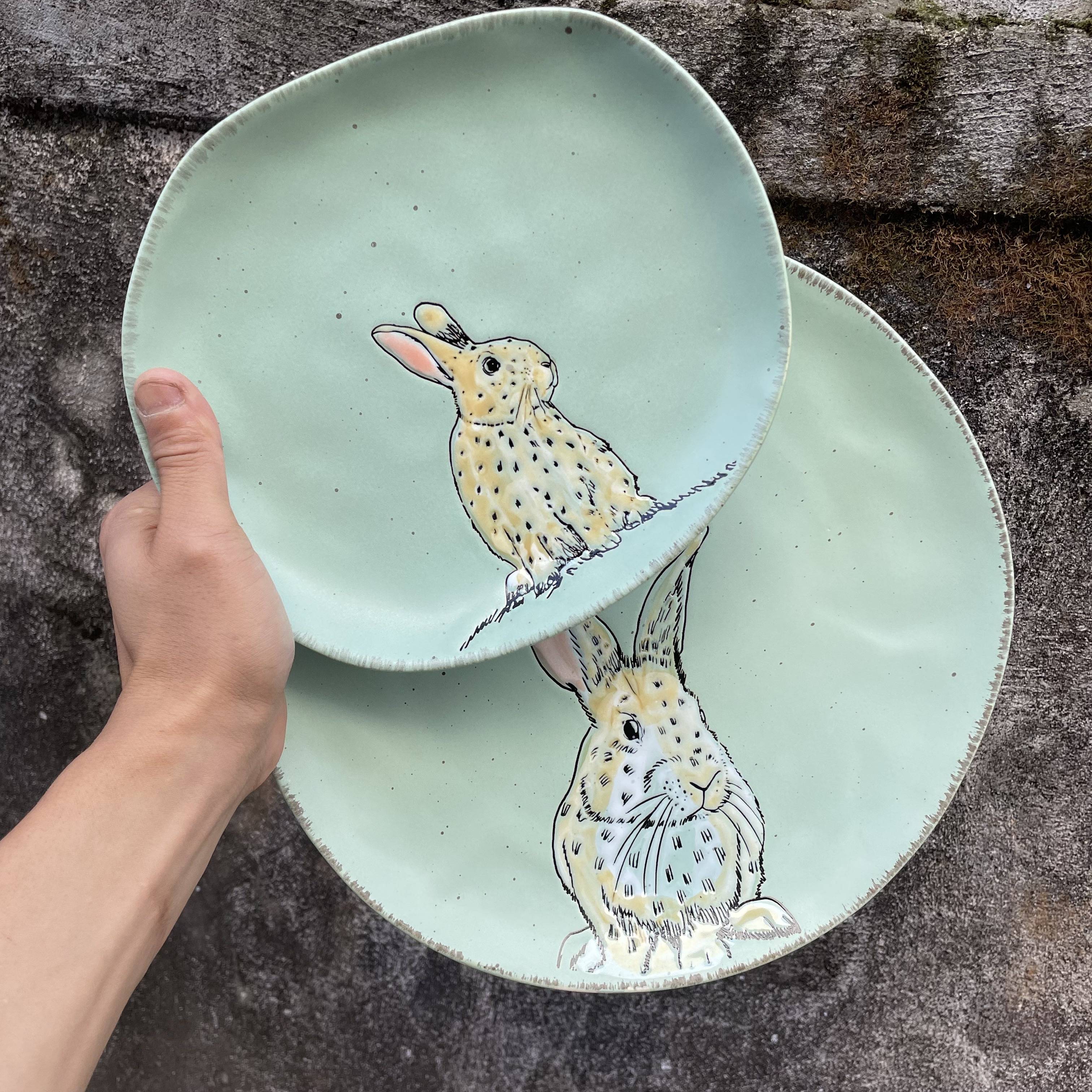 Ceramic green rabbit plate cute cartoon alien dish high -value disk creative ornament dessert disk