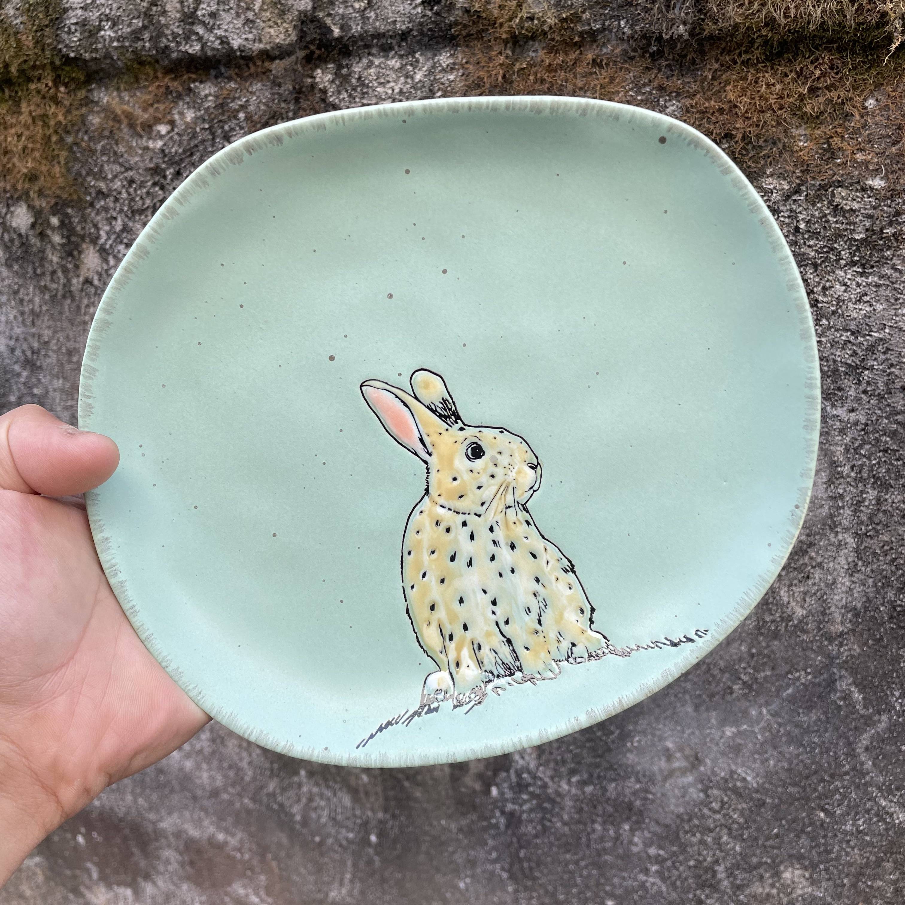 Ceramic green rabbit plate cute cartoon alien dish high -value disk creative ornament dessert disk