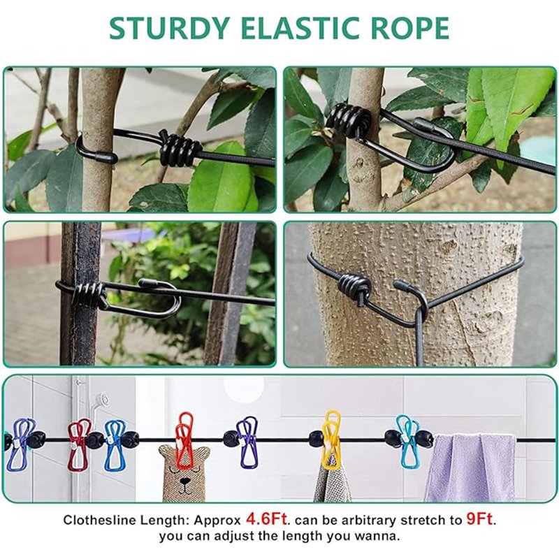 Factory Hot Selling Travel Clothesline with 12 Pegs Windproof Clothes Hanger Portable Elastic String Clothespins