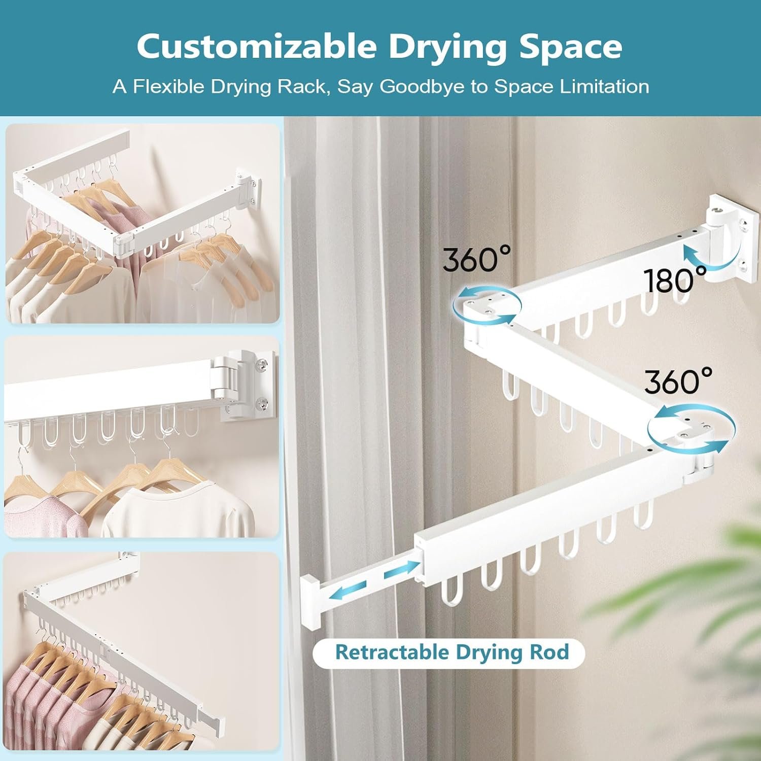 Clothes Drying Rack Wall Mounted Laundry Rack Collapsible Space Saving Clothing Retractable Rack