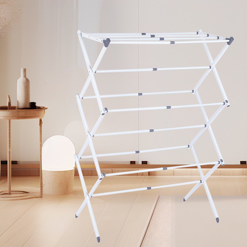 White Retractable Stand Foldable Alloy Steel Clothes Drying Collapsible Laundry Rack Multifunctional Design Living Room Standing