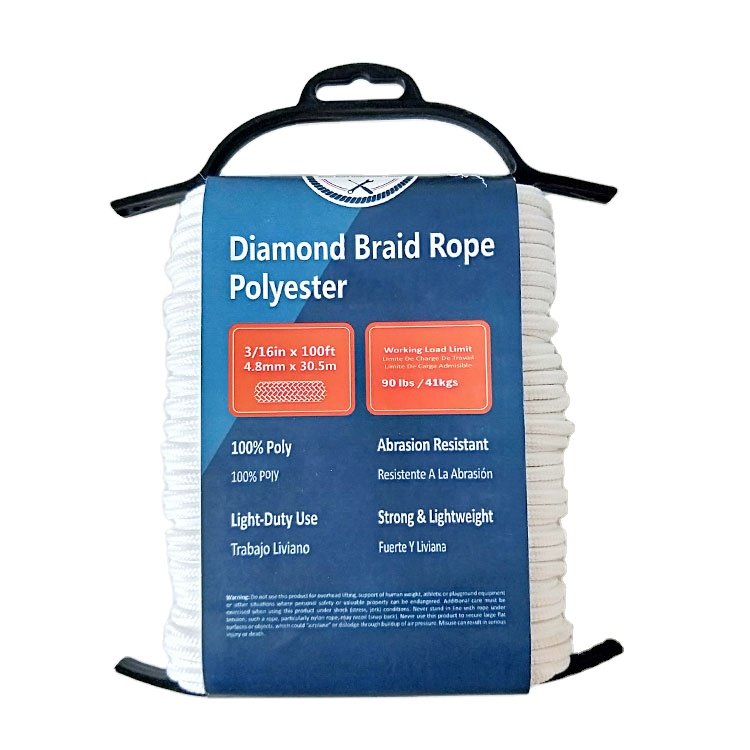 clothesline 3/16in 100ft Solid braided with hanger Polyester Rope White for clothes line camping