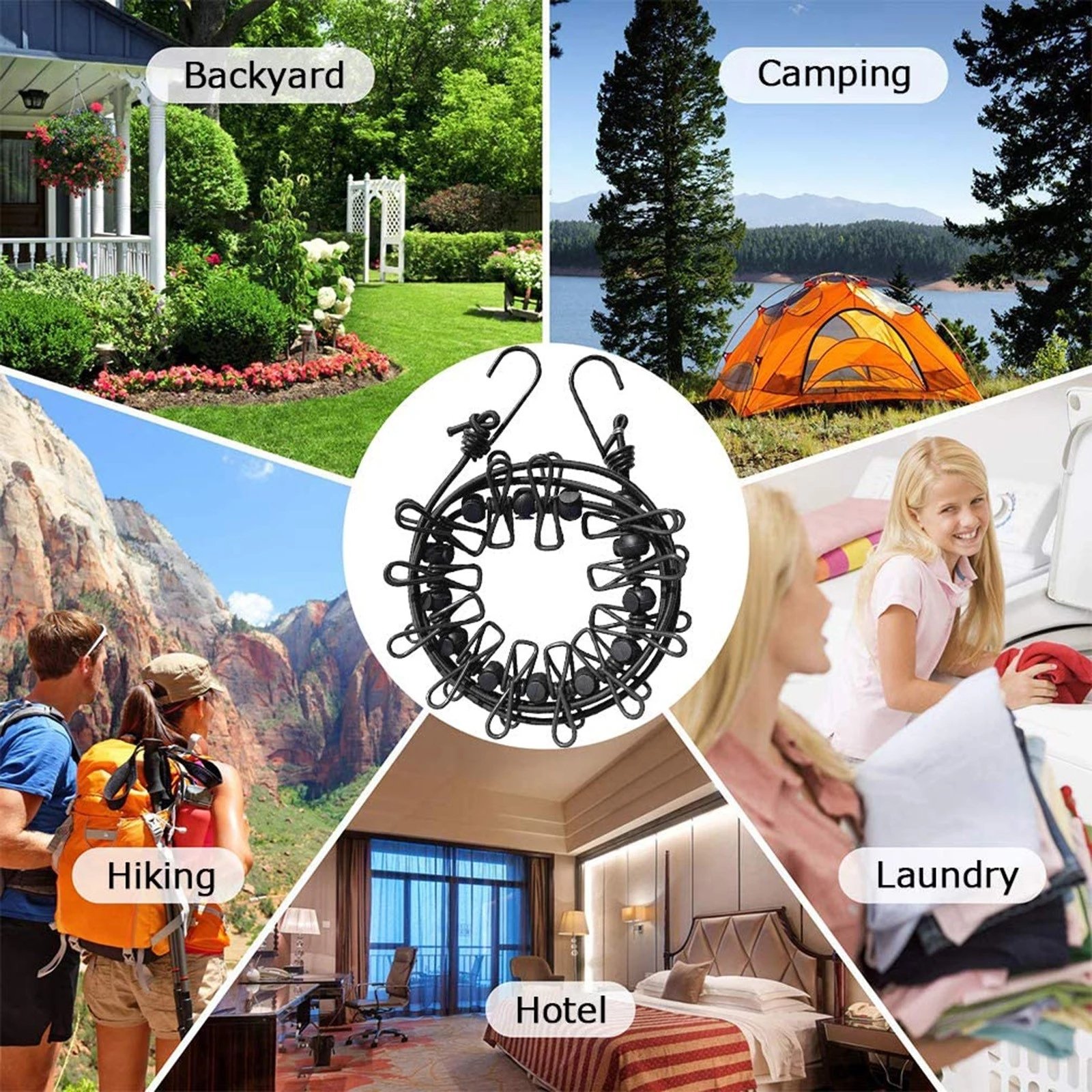 Outdoor Camping Clothing Drying Rack Clothes Line with 12 Clips Travel Stretchy Clothesline Windproof Hanging Laundry Rope
