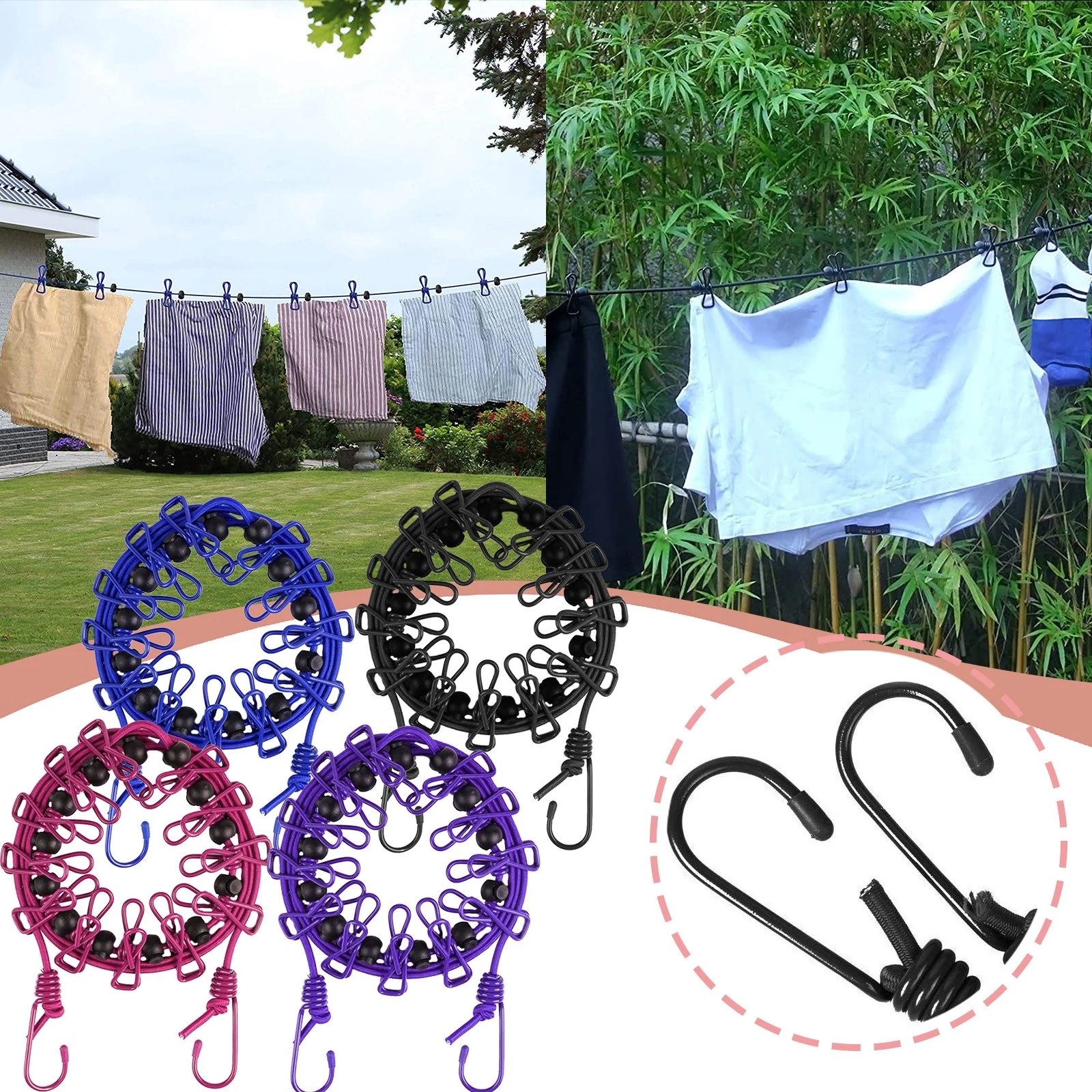 Outdoor Camping Clothing Drying Rack Clothes Line with 12 Clips Travel Stretchy Clothesline Windproof Hanging Laundry Rope