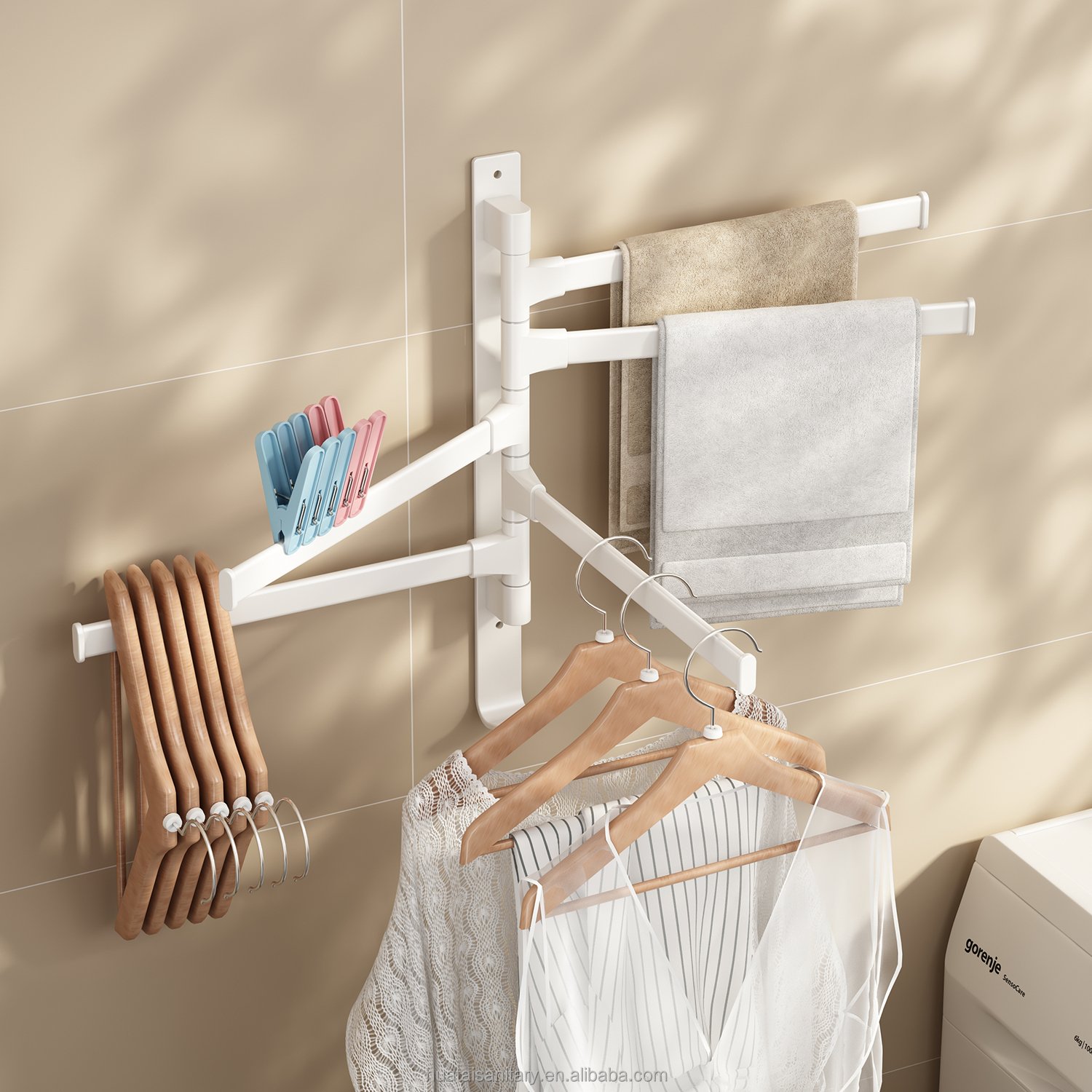 Folding Clothes Hanger Wall Mount Retractable Cloth Drying Rack Space Saving Aluminum Home Laundry Clothesline washing lines
