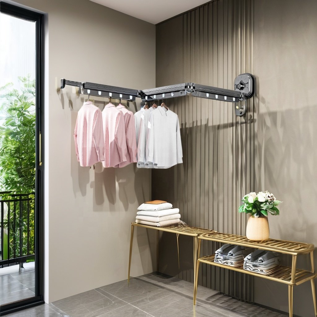 Folding Clothes Hanger Retractable Wall Mount Cloth Drying Rack Space Saving Aluminum Home Laundry Extend Clothes Dying Rack