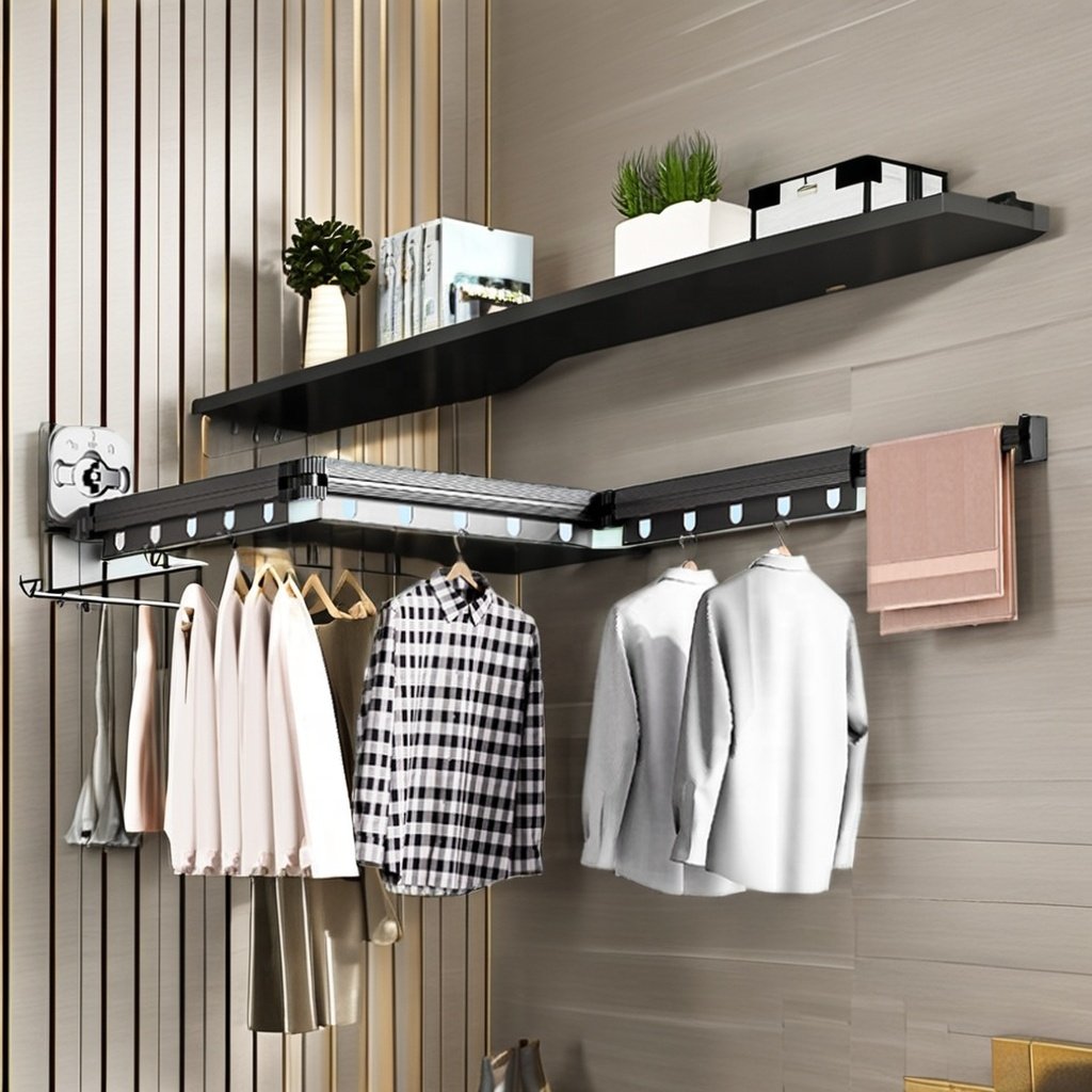 Folding Clothes Hanger Retractable Wall Mount Cloth Drying Rack Space Saving Aluminum Home Laundry Extend Clothes Dying Rack