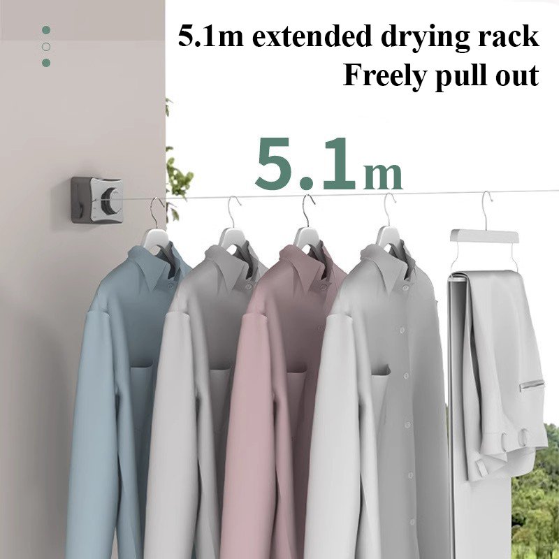 5.1M Wall Mounted Steel Wire Retractable Balcony Shrinkable Clothes Line Indoor Outdoor Clothesline