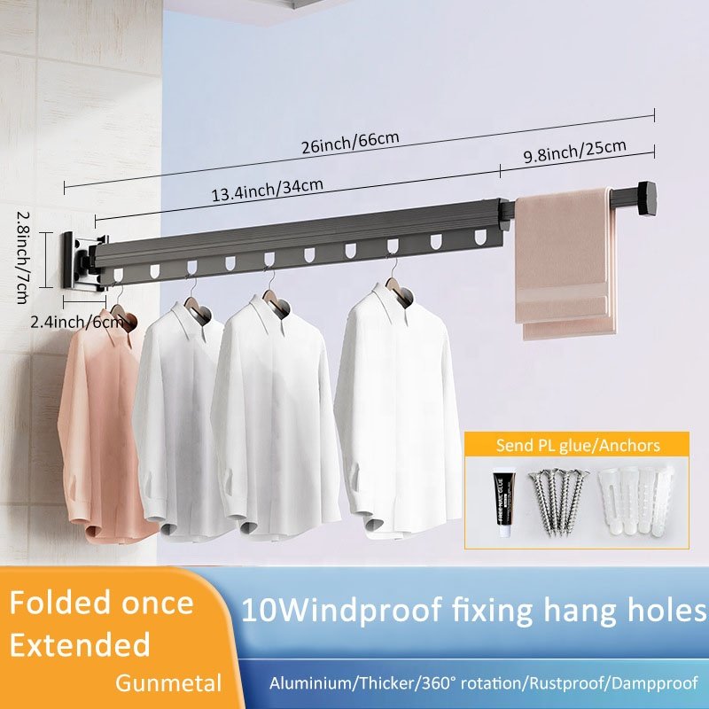 Wall Mounted Clothesline Laundry Hangers Racks Folding Clothes Hanger Retractable Aluminum Cloth