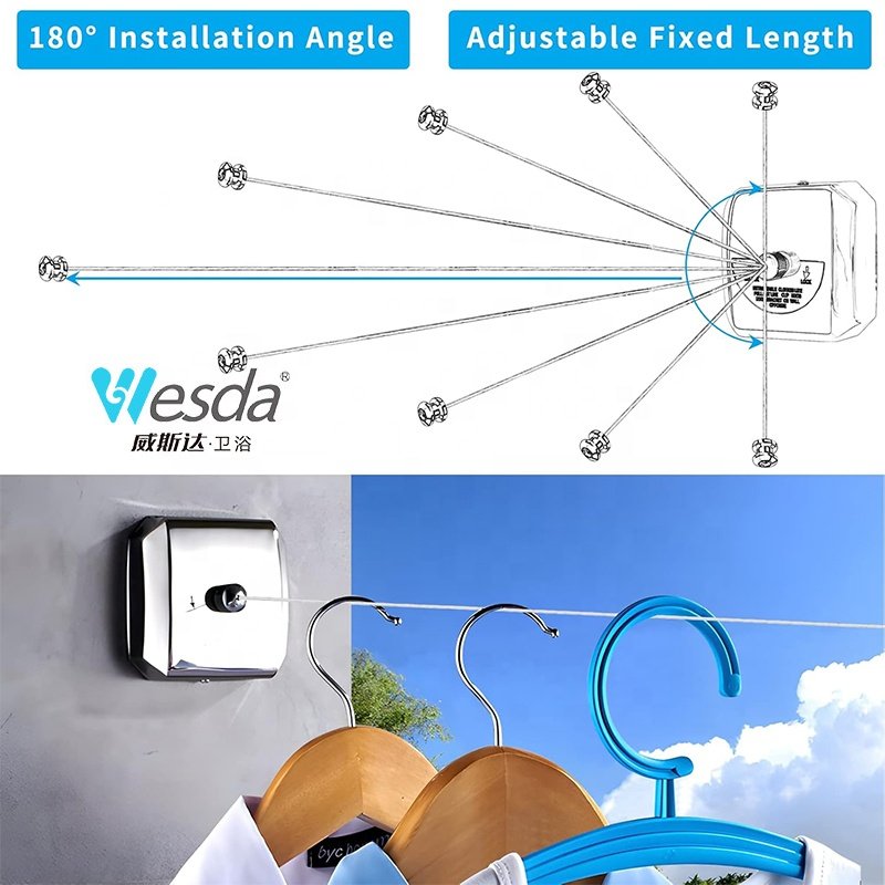 WESDA Shower Heavy Duty Clothes Drying Laundry Line Wall Mounted Clothing Line Retractable Clothesline Indoor Outdoor