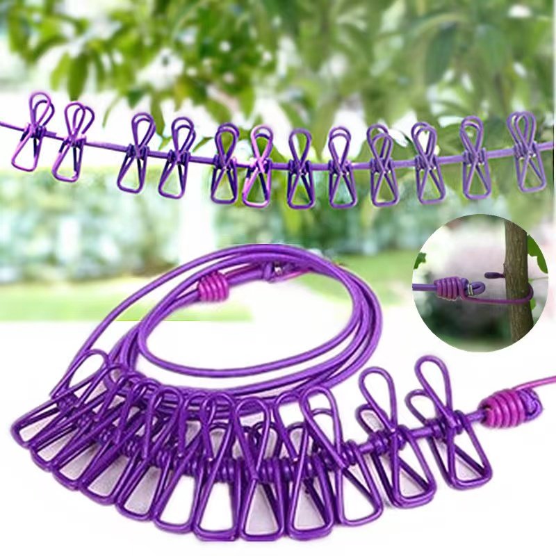 Hot Sale High Quality 12 Clip Pegs Travelling Camping Elastic Washing Hanging Clothes Line Retractable Clothesline Rope