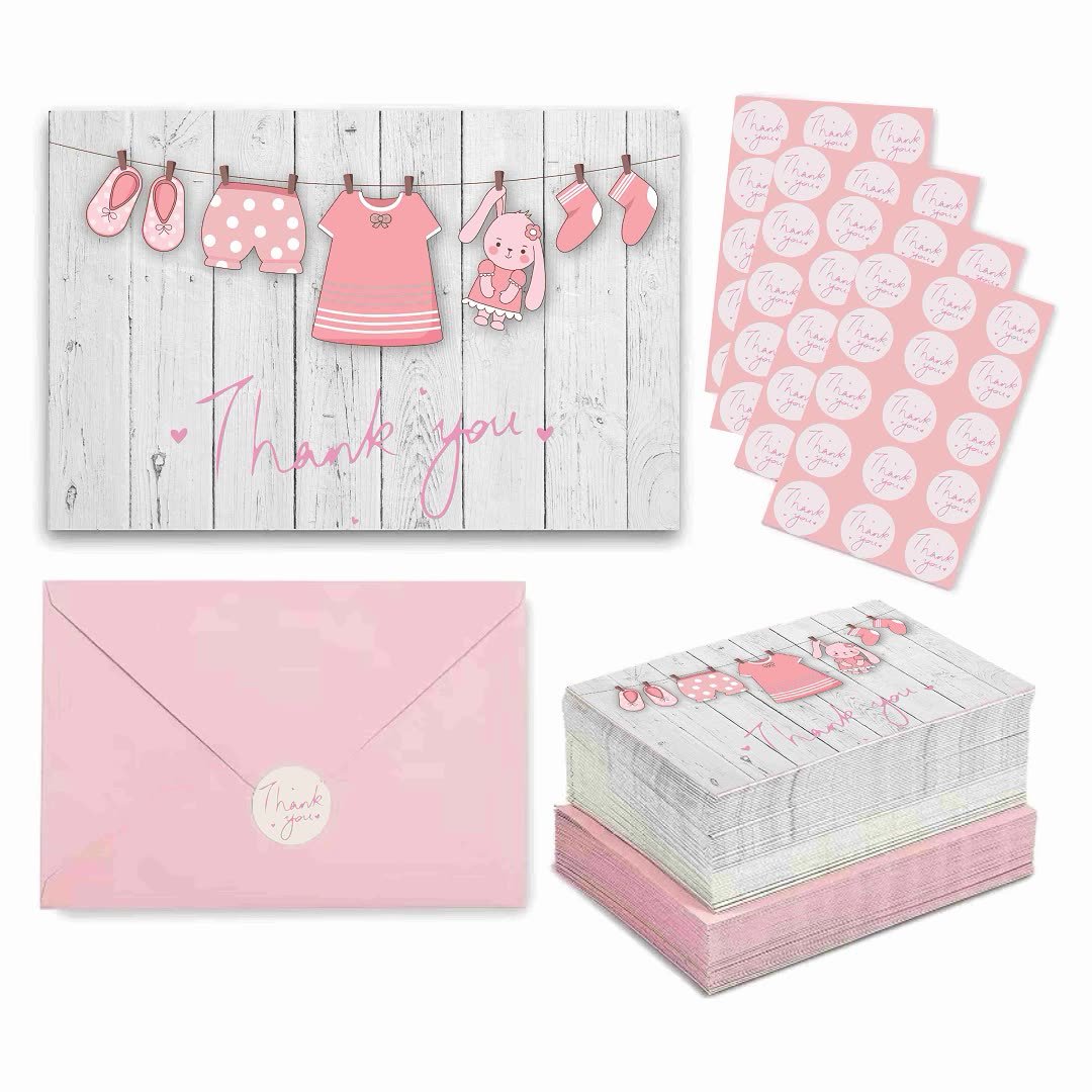 Girl Baby Shower Thank You Cards with Pink Envelopes Stickers Clothesline Design Thank You Baby Shower Cards
