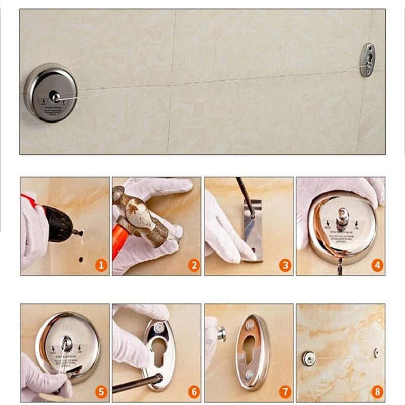 2.8m 9.2FT Wall Mounted SUS304 Stainless Steel Retractable Clothesline Clothes Hanger Washing Line with Steel String Wire Rope