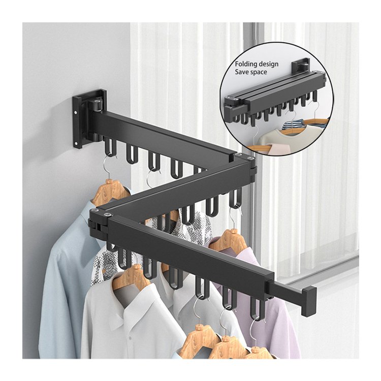 K&B Folding Clothes Hanger Drying Rack Home Laundry Extend Clothes Dying Rack Retractable Wall Mount Cloth Space Saving Aluminum