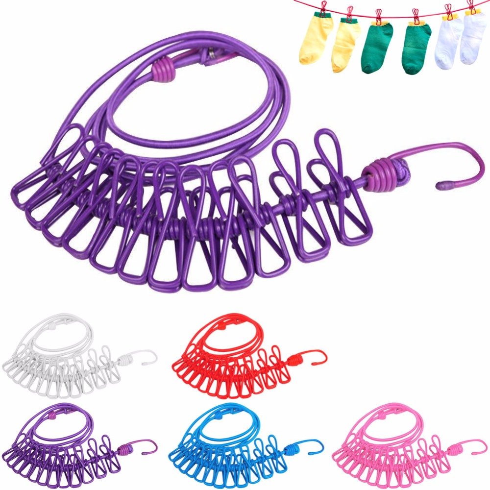 Hotselling 185cm 12pcs Portable Multifunctional Drying Rack Clips Cloth Hangers Steel Clothes Line Pegs Clothespin