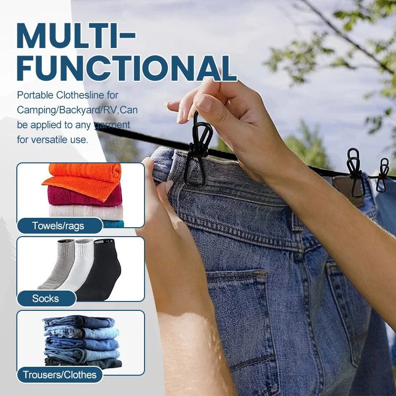 Windproof Travel Clothesline with 12 Clothespins Portable Clothesline for Camping/Backyard/RV