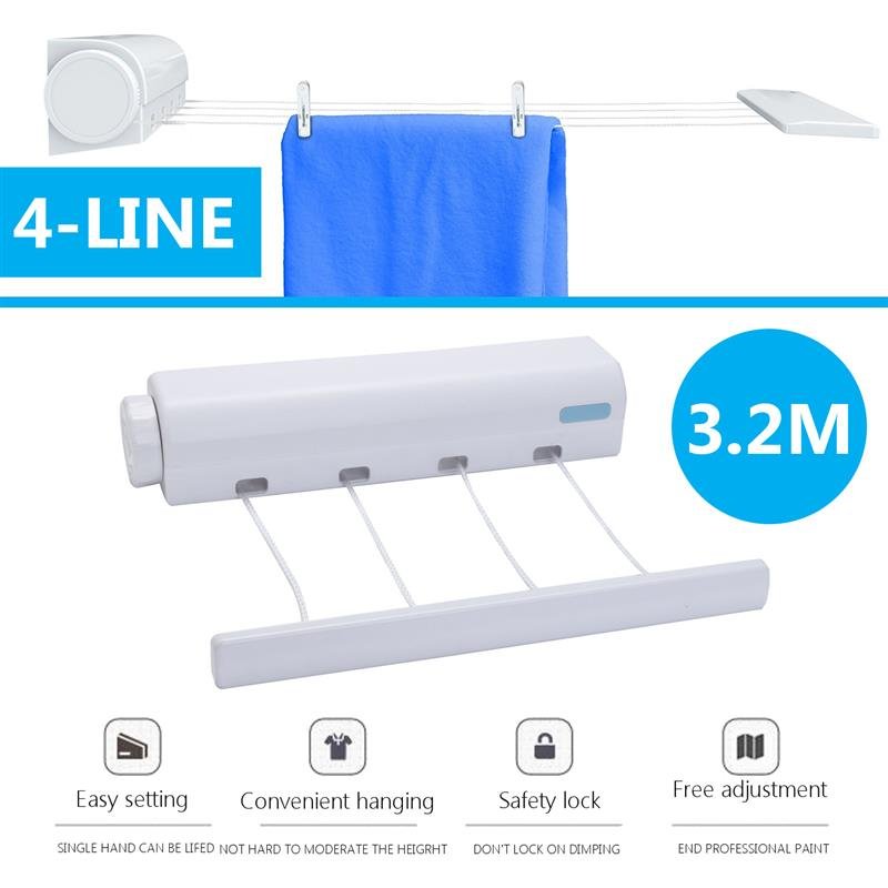 3.2m ABS Clothesline 4 Lines Rope Auto Roll Up Washing Indoor Space Saving Retractable Clothesline Indoor Outdoor Clothes Dryer