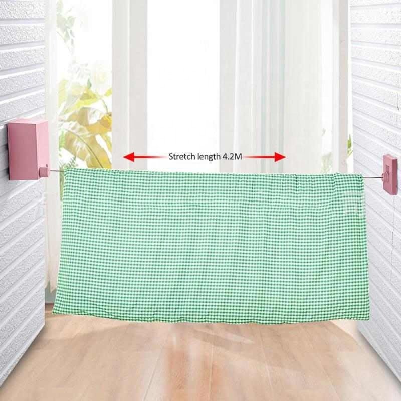 4.2mStainless Steel Indoor Outdoor Retractable Laundry Clothesline Wall Hanging Stretch Washing Clothes Shrinking Line