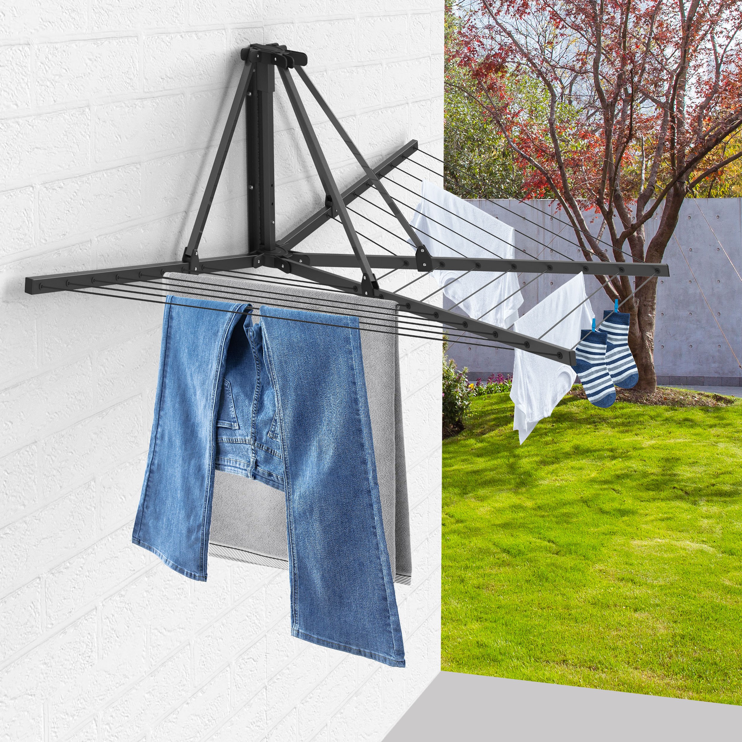 Wall Mounted Foldable Clothes Airer Hanger Steel Laundri Rack Clothesline 3 Arms Folding Drying Hangers Umbrella Clothes Line