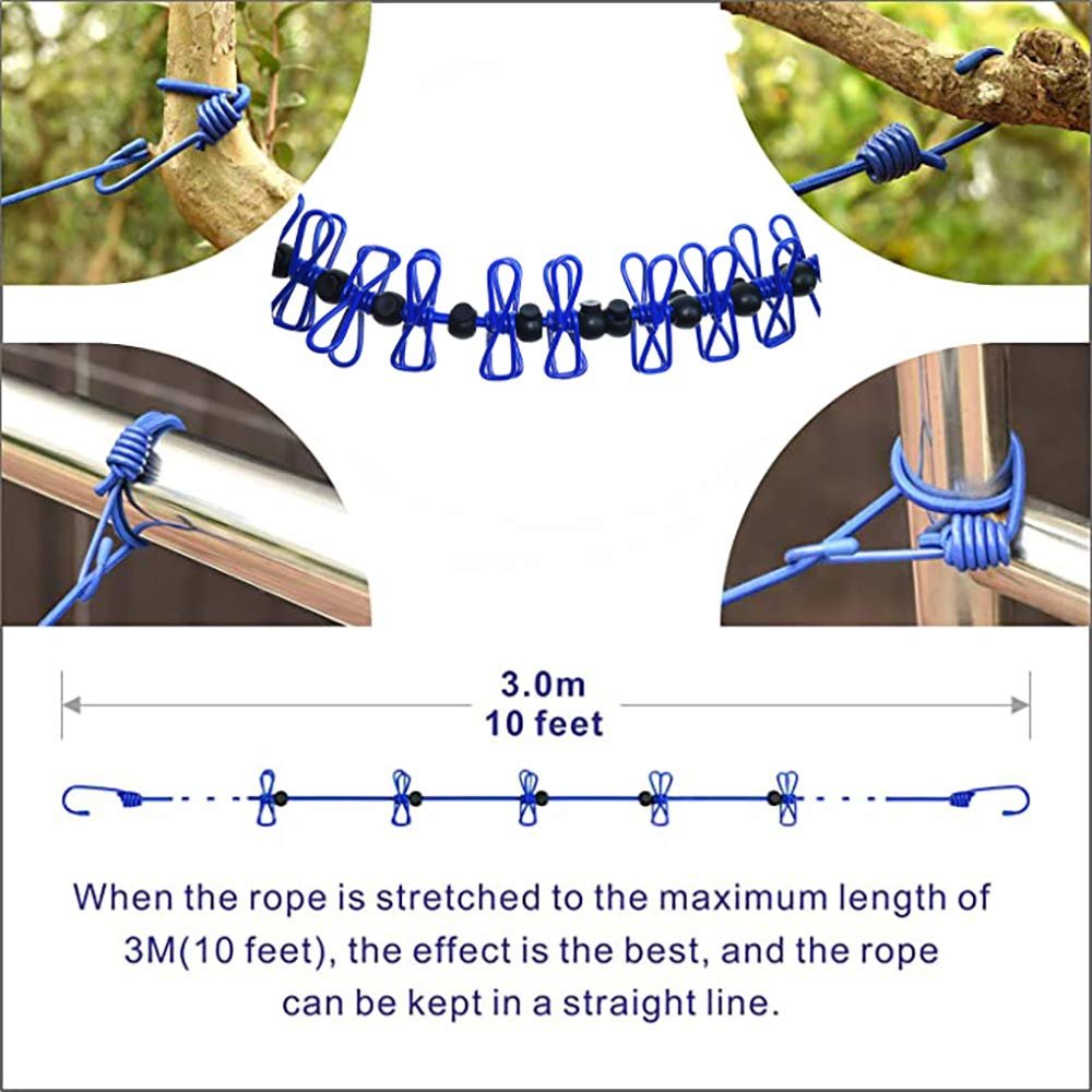 Retractable Adjustable Portable Camping Clothesline with 12pcs Clothespins