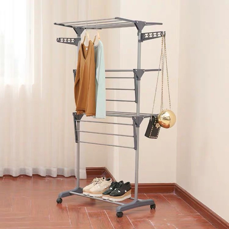 Foldable 3 Tier Rolling Collapsible Clothes Drying Rack Stand Indoor Outdoor Dark Grey Metal Laundry Rack