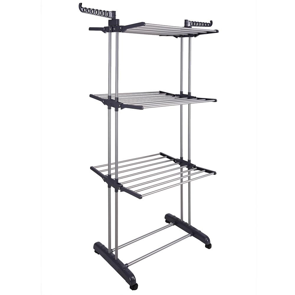 Foldable 3 Tier Rolling Collapsible Clothes Drying Rack Stand Indoor Outdoor Dark Grey Metal Laundry Rack