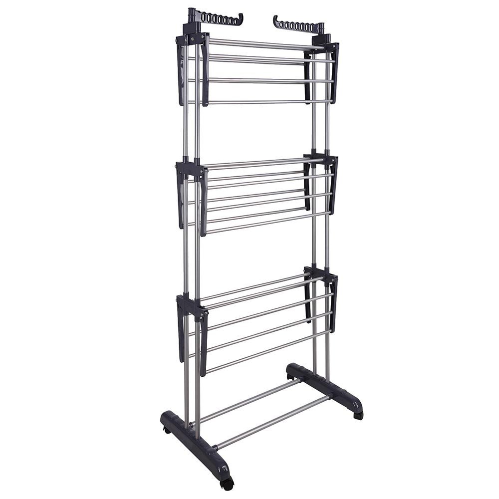 Foldable 3 Tier Rolling Collapsible Clothes Drying Rack Stand Indoor Outdoor Dark Grey Metal Laundry Rack