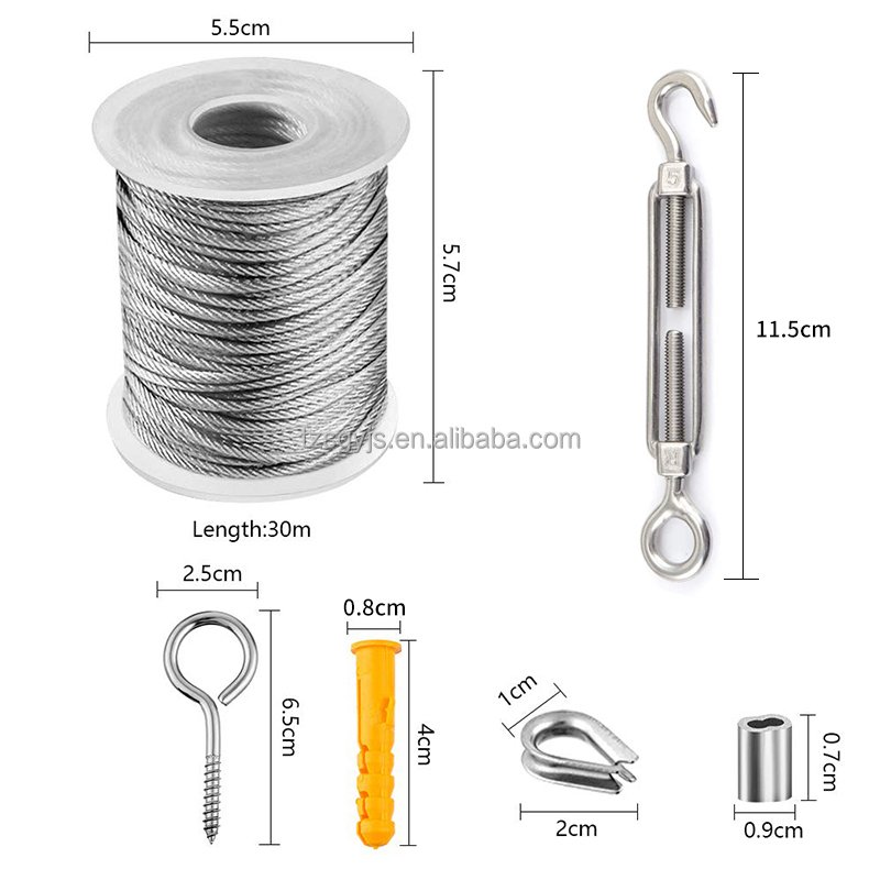 56PCS/Set 30 Meter Steel PVC Coated Flexible Wire Rope Soft Cable Transparent Stainless Steel Clothesline Diameter 2mm Kit