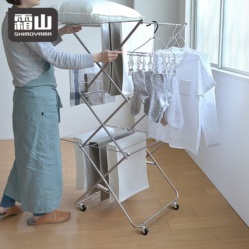 SHIMOYAMA Stainless Steel Collapsible Clothes Drying Rack Metal Sturdy Foldable Laundry Rack For Air Drying Clothing With Wheels