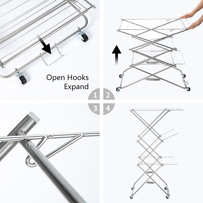 SHIMOYAMA Stainless Steel Collapsible Clothes Drying Rack Metal Sturdy Foldable Laundry Rack For Air Drying Clothing With Wheels