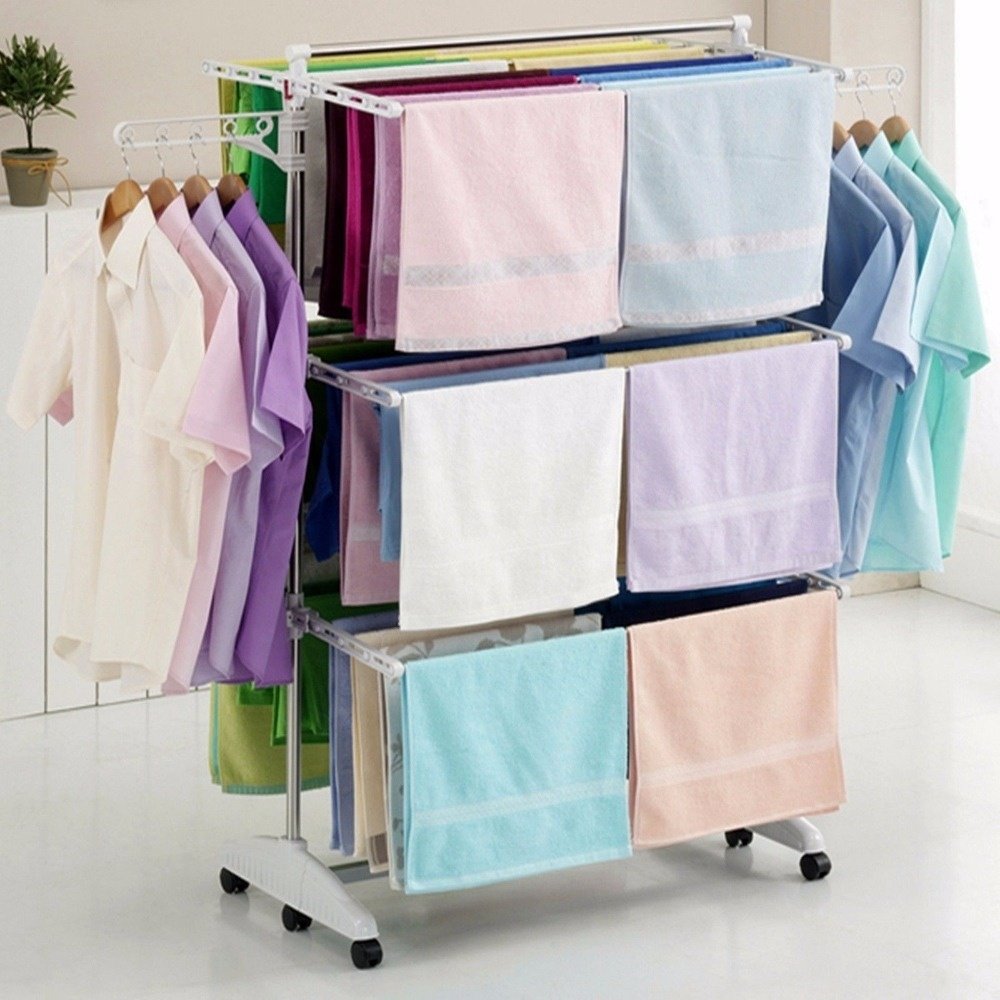 3 tier folding cloth drying rack with moving shelves dryer for clothes hanging cloth rack with 6 wheels