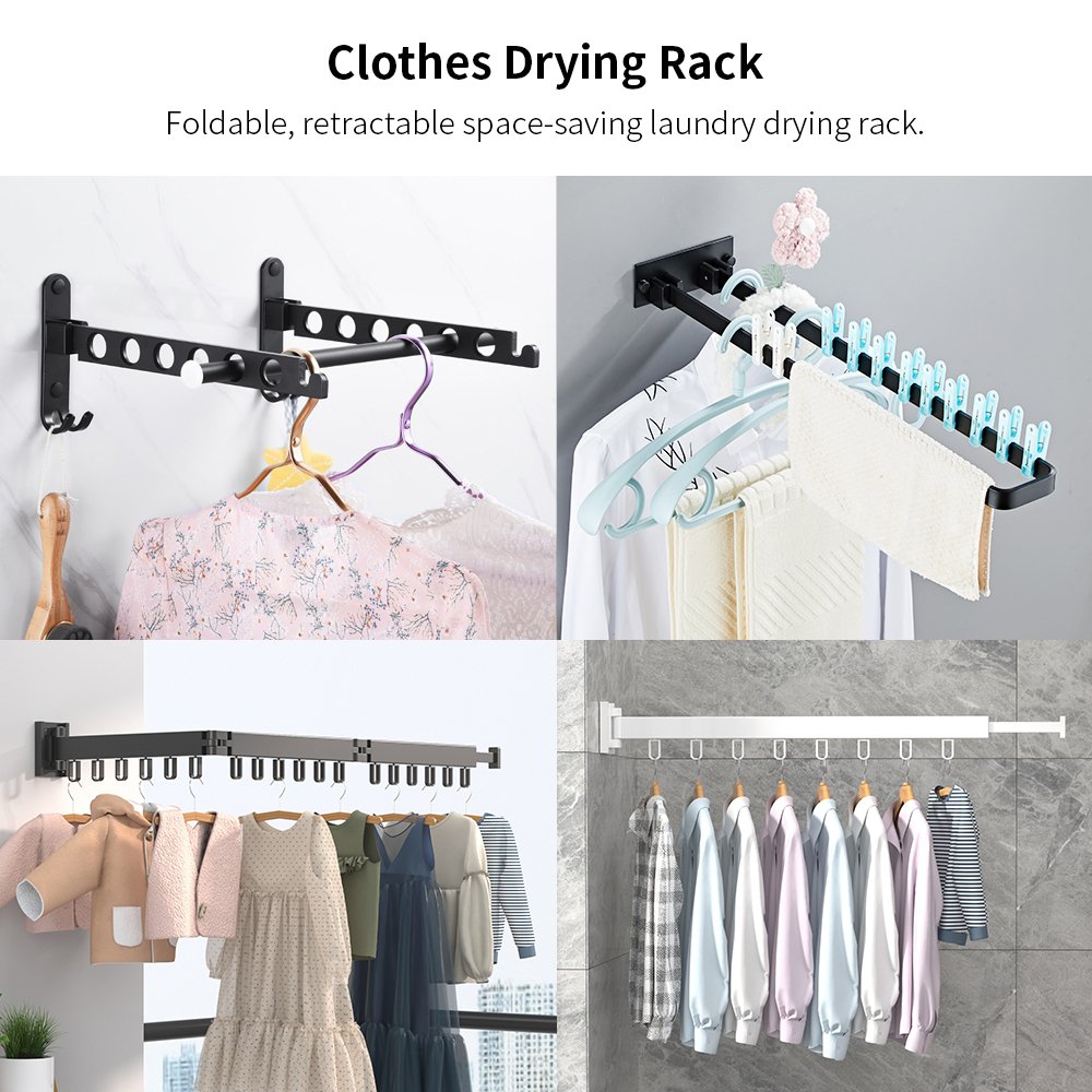 GG27 Aluminum Laundry Clothesline Stainless Steel Retractable Cloth Hook Drying Rack Folding Wall Mounted Clothes Hanger Rack