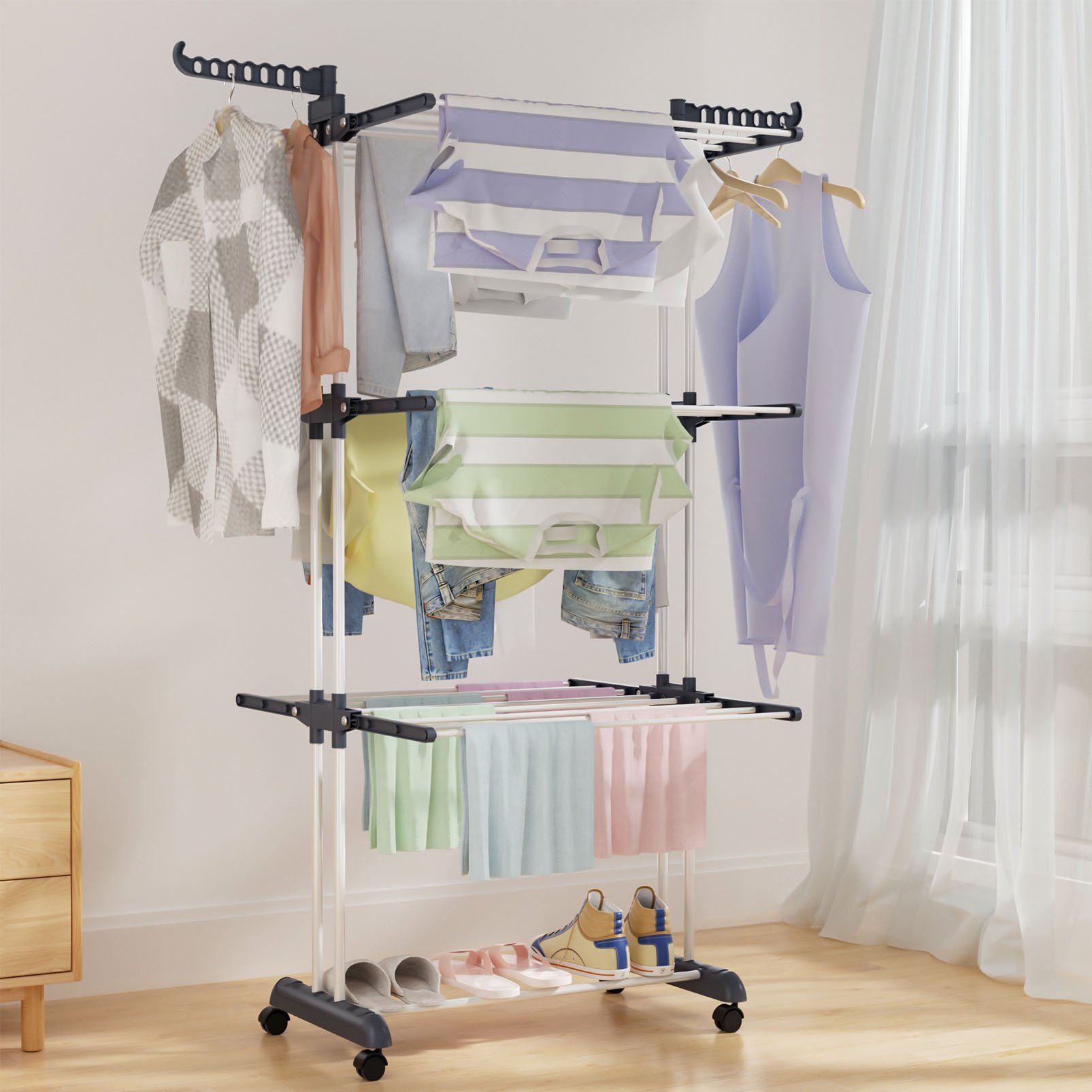 4-Tier Folding Stainless Steel Laundry Drying Rack, Drying Rack Clothing with Wheels for Indoor Outdoor, Oversize Garment Dryer