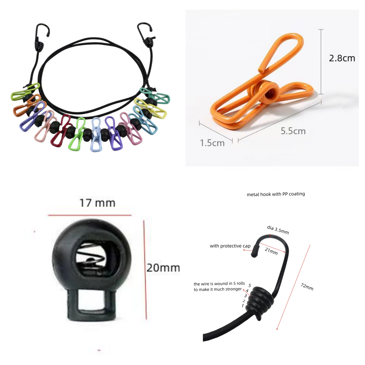XIWANG Portable Travel Elastic Clothesline Adjustable Clothesline with 12pcs Clothespins Outdoor and Indoor Use Various Colo